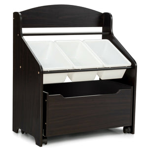 Kids wooden toy storage unit with rolling toy box and plastic bins, perfect for organizing playroom furniture.