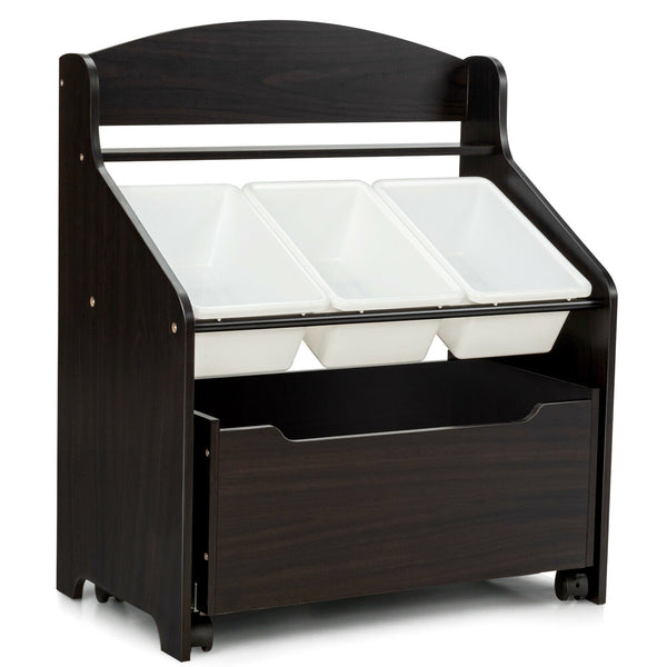 Kids wooden toy storage unit with rolling toy box and plastic bins, perfect for organizing playroom furniture.