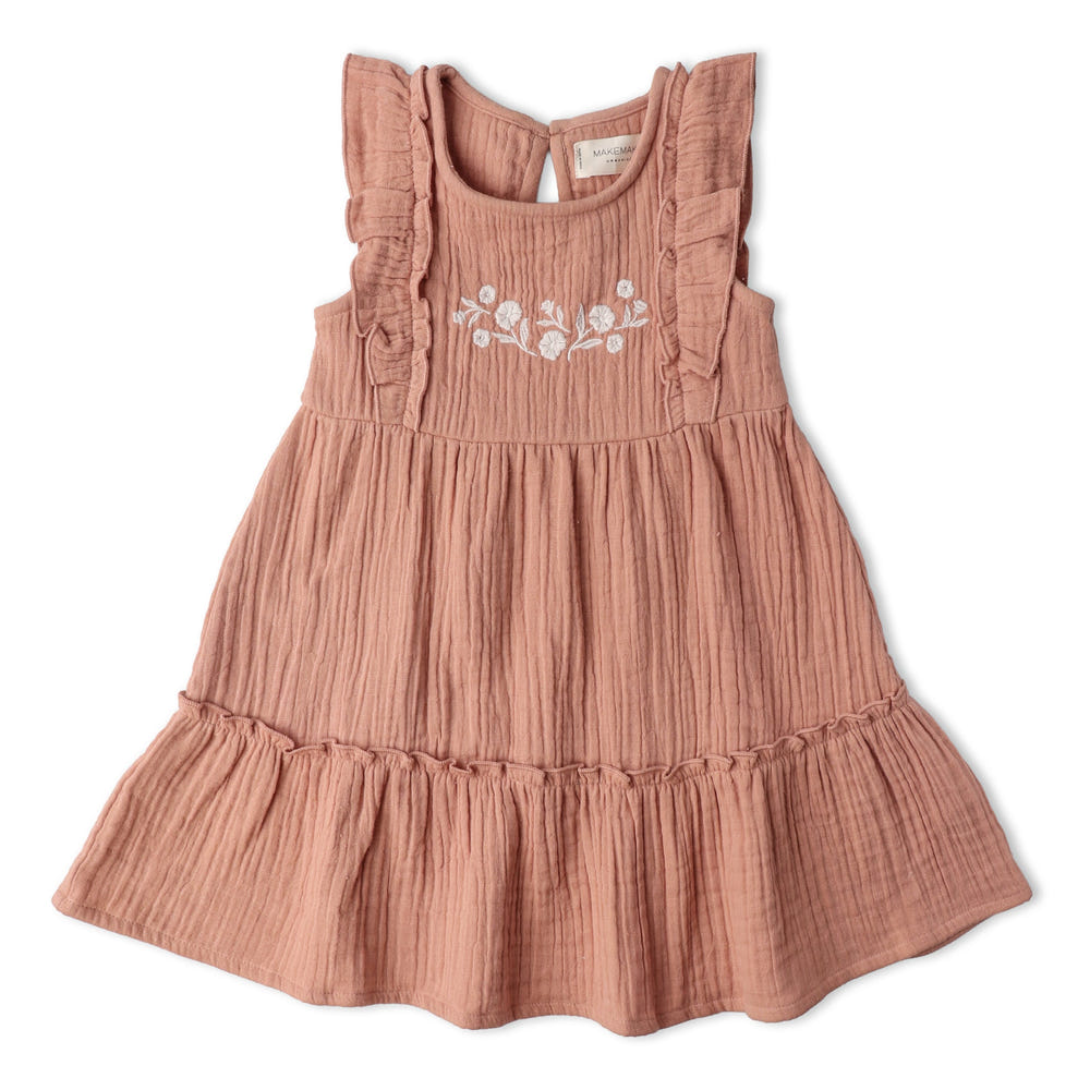 Organic Embroidered Tiered Dress - Clay