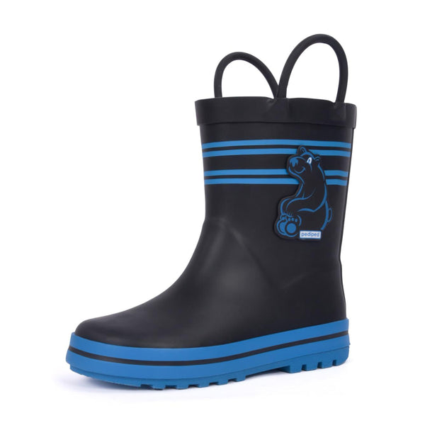 Lux - Flex® black and blue baby boots, angle 3 view showcasing stylish design and comfort for little feet.
