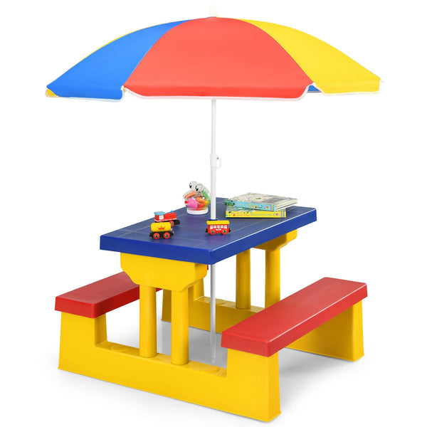 Kids picnic folding table and bench set with umbrella, perfect for outdoor play and family gatherings.