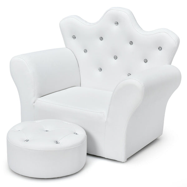 Pink kids sofa with armrests and ottoman, perfect for children's rooms and play areas. Angle 11 view.