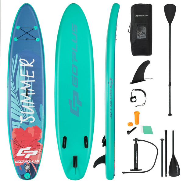 10ft inflatable paddle board with backpack, leash, and aluminum paddle, angled view for surfing adventures.