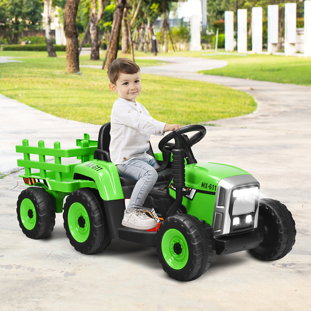 12V ride-on tractor with 3-gear shift and ground loader for kids aged 3+, perfect for outdoor play and fun.