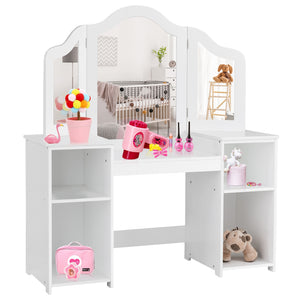 Kids tri-folding mirror makeup vanity table set for stylish dress-up play. Angle 4 view showcasing design and features.