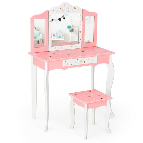 Kids Princess Vanity Table and Stool Set with Tri-folding Mirror and Drawer for imaginative play and stylish storage.