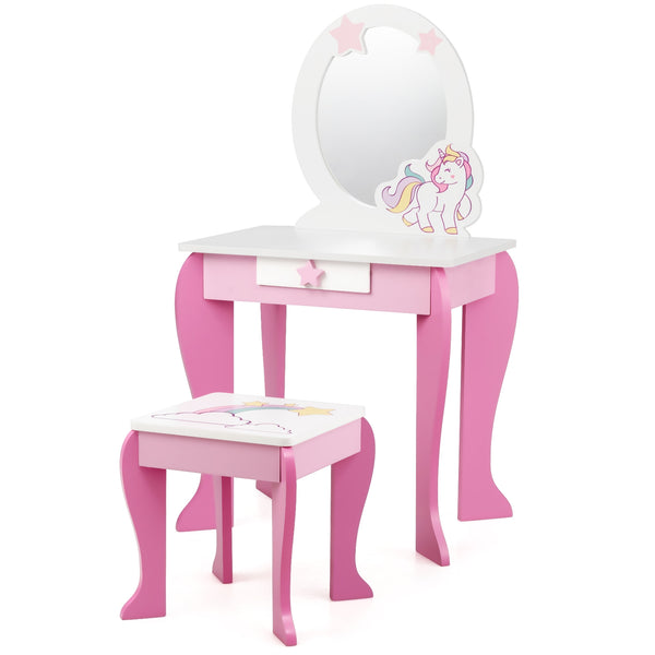 Kids wooden makeup dressing table and chair set with mirror and drawer, perfect for imaginative play.
