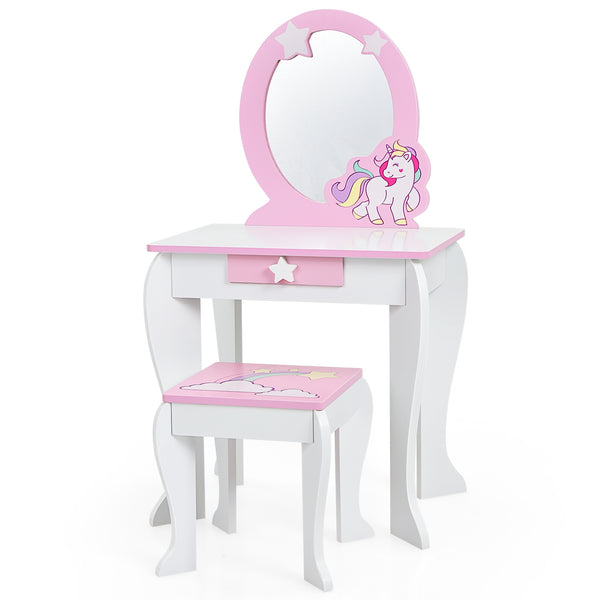 Kids wooden makeup dressing table and chair set with mirror and drawer, perfect for imaginative play.