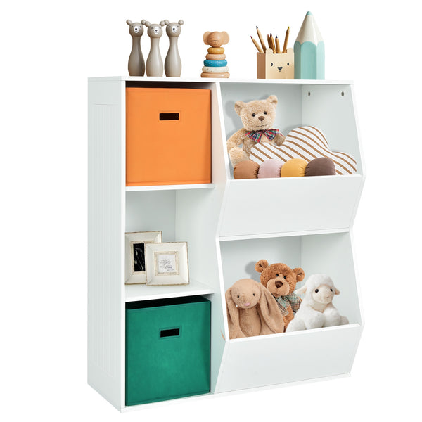 Kids toy storage cabinet shelf organizer in angle 16 view, perfect for keeping playrooms tidy and organized.