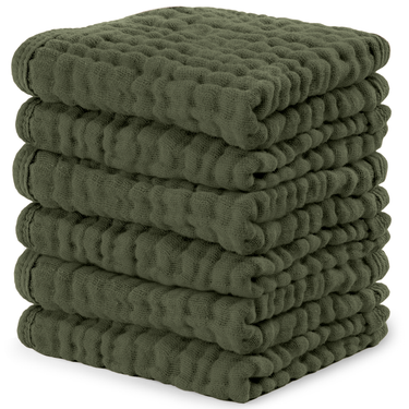 Muslin washcloths in kelp color for babies, soft and absorbent for gentle cleaning.