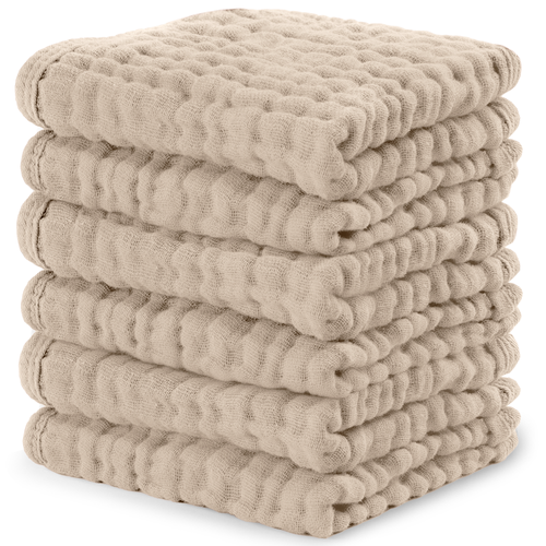 Soft sand-colored muslin washcloths for babies, perfect for gentle cleaning and comfort.