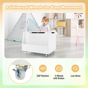 Wooden mobile toy storage organizer with bookshelf and lockable wheels, perfect for baby bedding and sleep essentials.