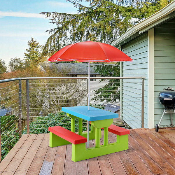 Kids picnic folding table and bench set with umbrella for outdoor fun and playtime.
