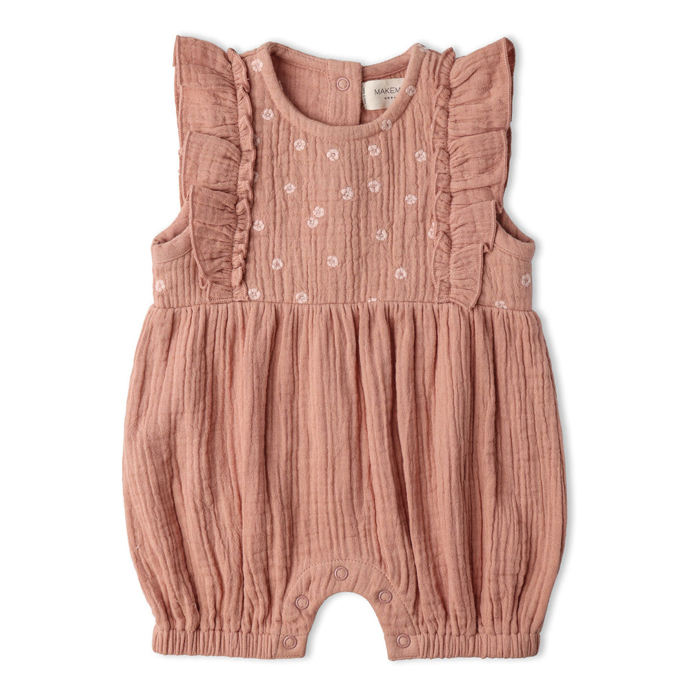 Organic Embroidered Ruffle Romper - Clay
