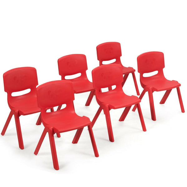 Colorful 6-pack stackable plastic chairs for kids, perfect for classrooms and playrooms, shown from an angled view.