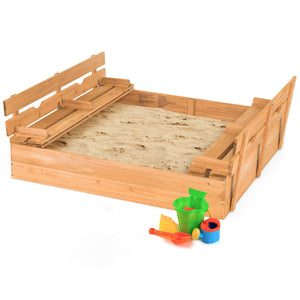 Kids Wooden Sandbox with 2 Foldable Bench Seats - UV-Protected Cover