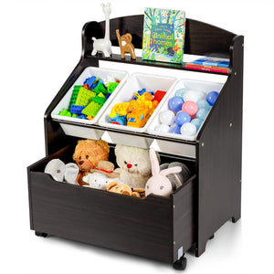 Kids wooden toy storage unit organizer with rolling toy box and plastic bins, angled view.