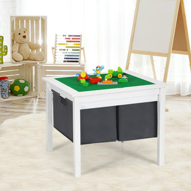 2-in-1 Kids Double-sided Activity Building Block Table with Drawers in White for creative play and organization.