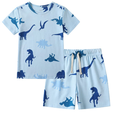 100% Organic Cotton Toddler Summer Pajama Set - Blue Dinosaur, Short Sleeve, 2 Piece Sleepsuit for Kids.