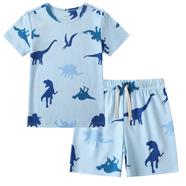 100% Organic Cotton Toddler Summer 2 Piece short sleeve Pajama Set - Blue Dinosaur