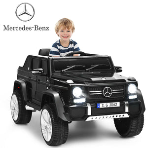 12V Mercedes-Benz kids ride-on car in angle view, perfect toy for young car enthusiasts.