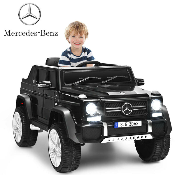 12V Mercedes-Benz kids ride-on car in angle view, perfect toy for young car enthusiasts.
