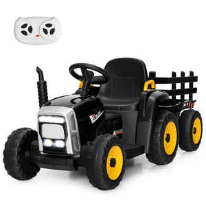 12V ride-on tractor with 3-gear shift loader for kids 3+, angled view showcasing vibrant design and features.