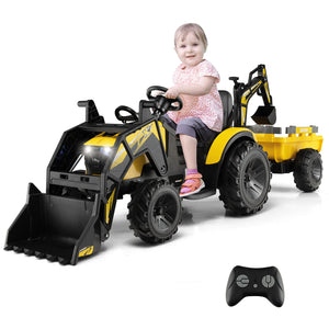 12V 3 in 1 Kids Ride On Excavator with shovel, bucket, and music, perfect for outdoor play and imaginative fun.