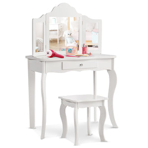 Kids makeup vanity table set with mirror and stool, perfect for imaginative play. Angle view showcasing design and features.