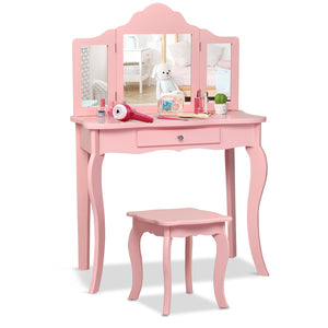 Kids makeup vanity table set with mirror and stool, perfect for imaginative play. Angle view showcasing design.