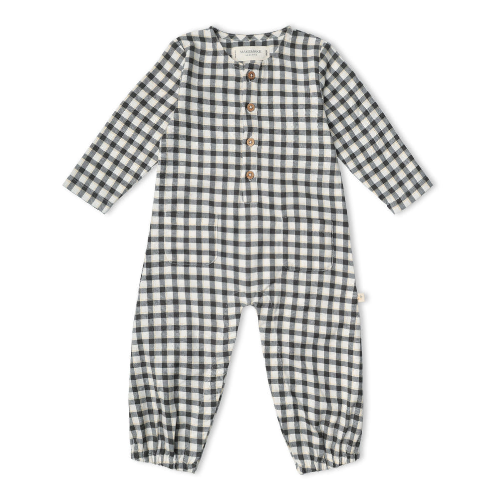 Organic Long Sleeve Button Romper - Charcoal Plaid