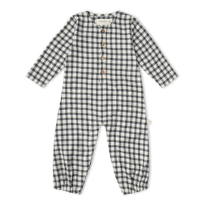 Organic Long Sleeve Button Romper - Charcoal Plaid
