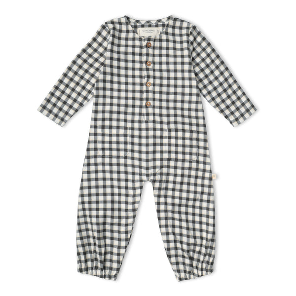 Organic Long Sleeve Button Romper - Charcoal Plaid