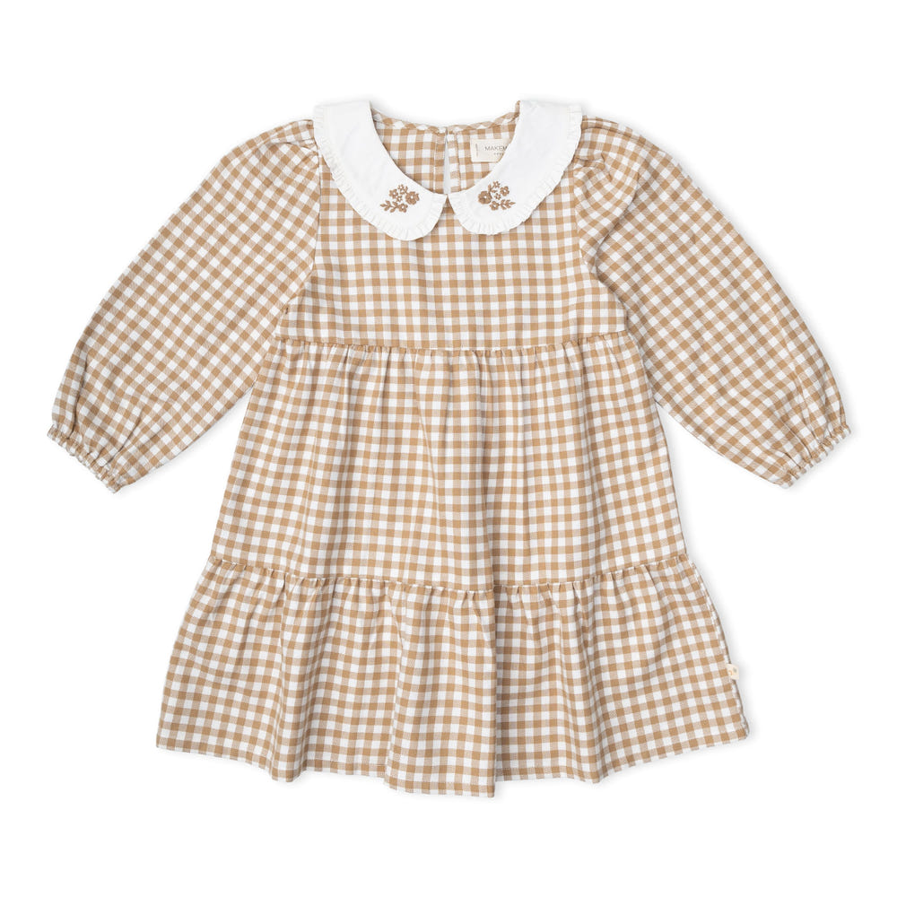 Organic Collar Tiered Dress - Oat Gingham