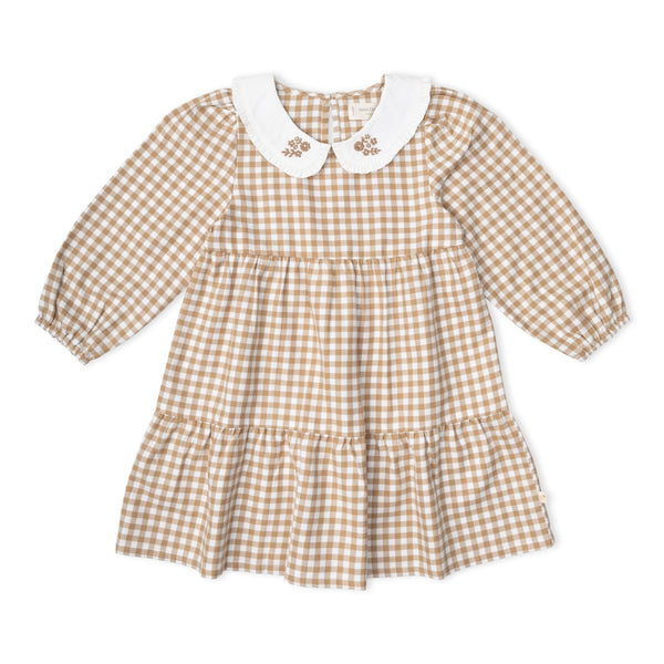 Organic Collar Tiered Dress - Oat Gingham