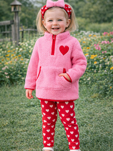 Valentine Pink Sherpa Heart Top with Red Heart Leggings and Bow Headband for babies. Cute outfit for special occasions.