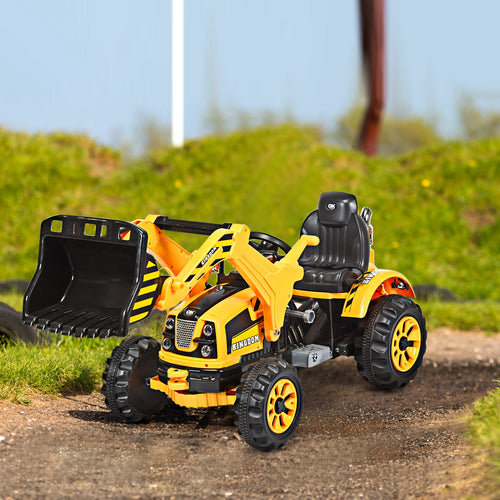 12V battery-powered kids ride-on dumper truck at a 25-degree angle, perfect for outdoor play and adventure.