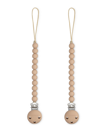 Beige pacifier clips, 2 pack, perfect for keeping pacifiers clean and within reach.