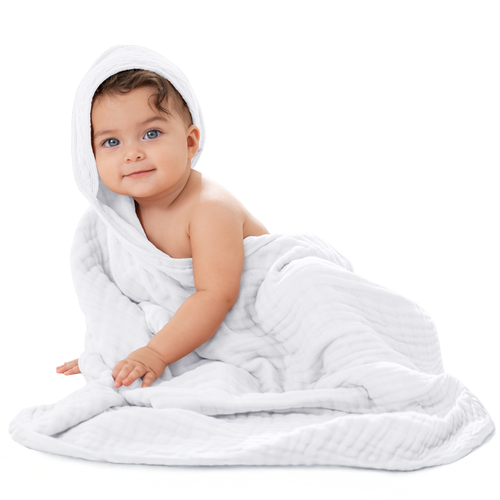 White baby hooded towels for infants, soft and cozy for bath time. Perfect for keeping your baby warm and dry.