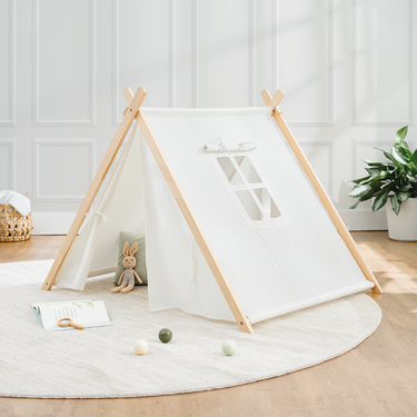 Kids indoor play tent in natural wood, perfect for imaginative play and cozy adventures.