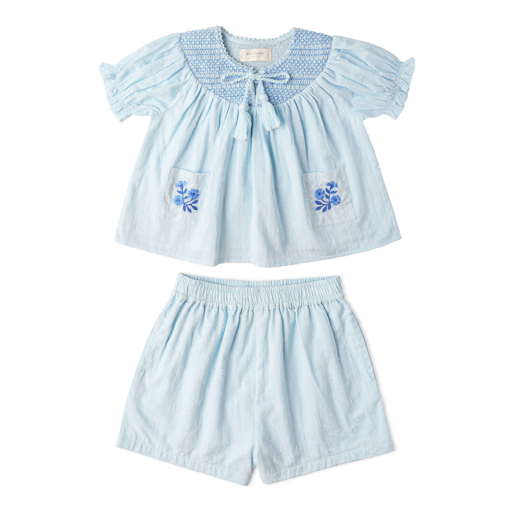 Organic Smocked Top & Shorts Set - Light Blue