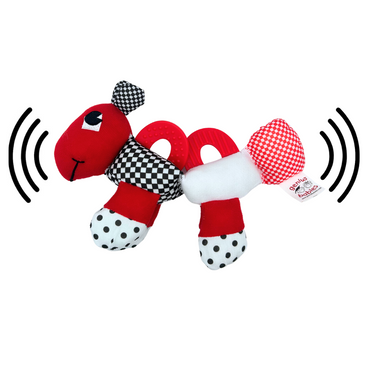 Caterpillar teething and sensory toy in black, white, and red, 9" for babies. Safe and engaging for little ones.