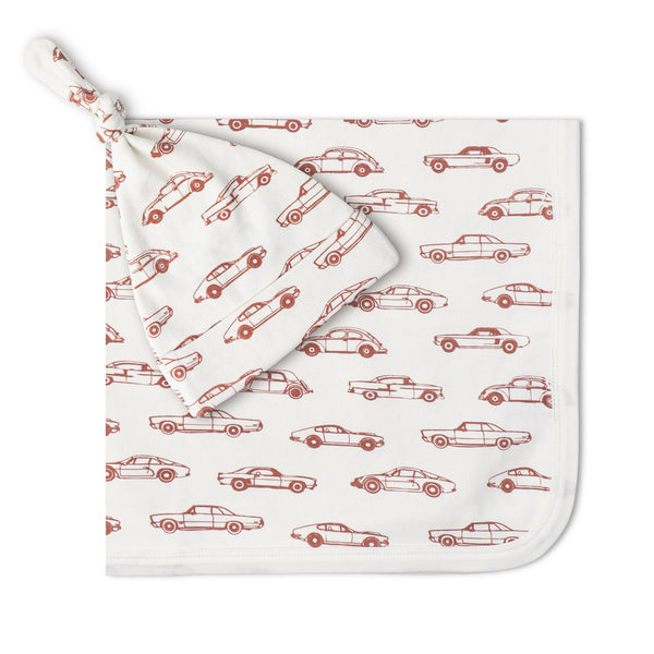Organic Swaddle Blanket & Hat Set - Cars