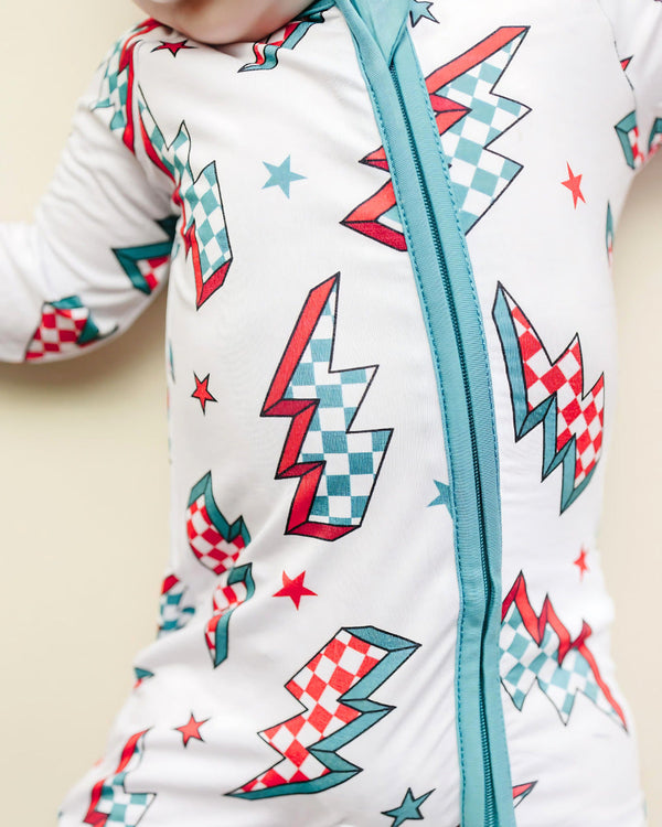 Bamboo Zip Romper | Checkered Bolts - MOOGCO Baby