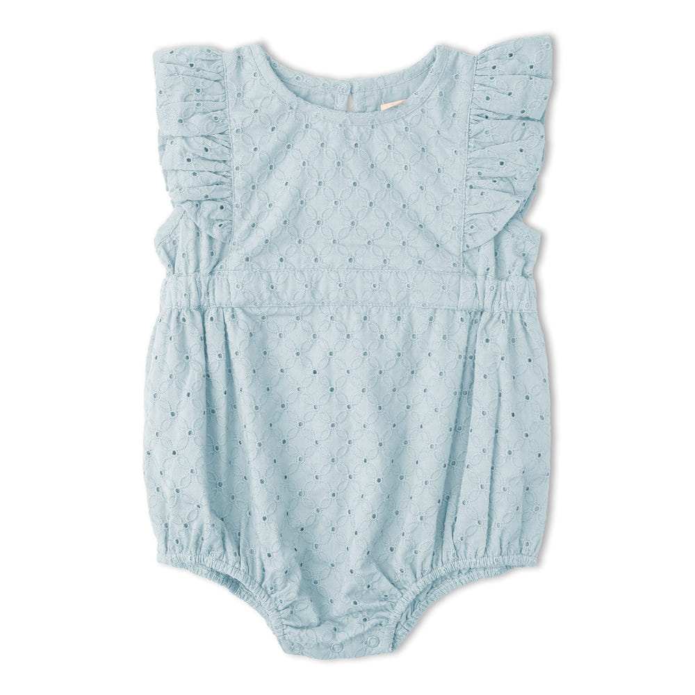 Organic Eyelet Flutter Romper - Light Blue Eyelet