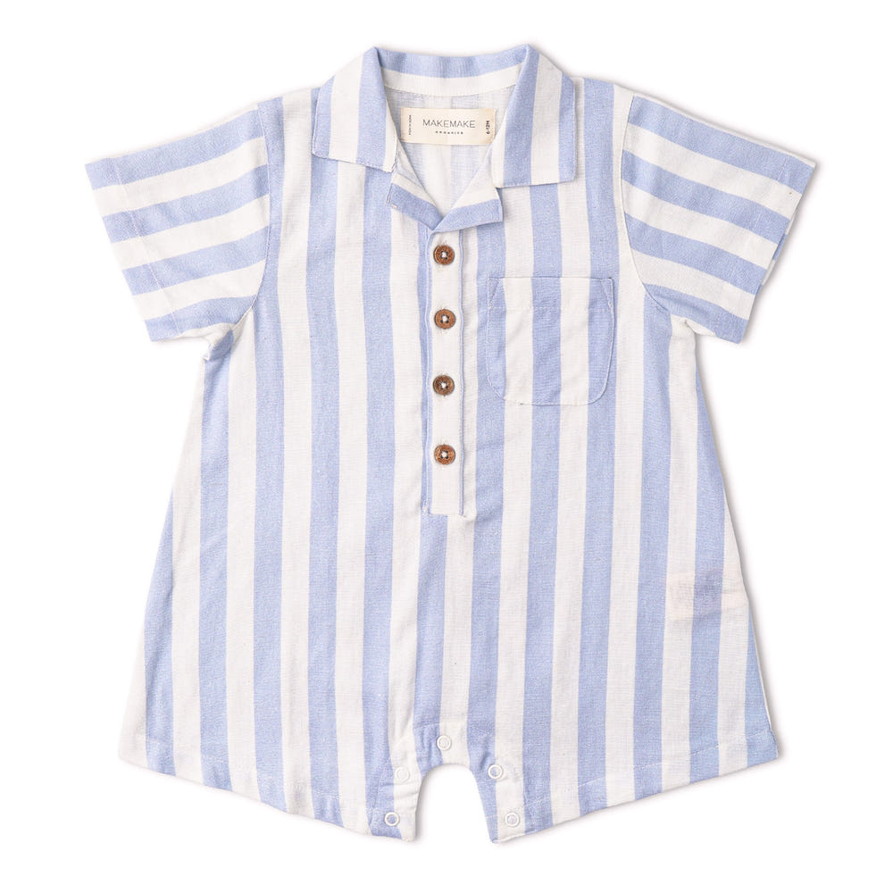 Organic Collared Romper - Blue Stripes
