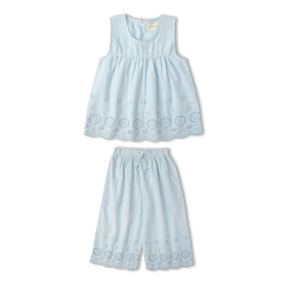 Organic Eyelet Top And Pant Set - Light Blue Eyelet