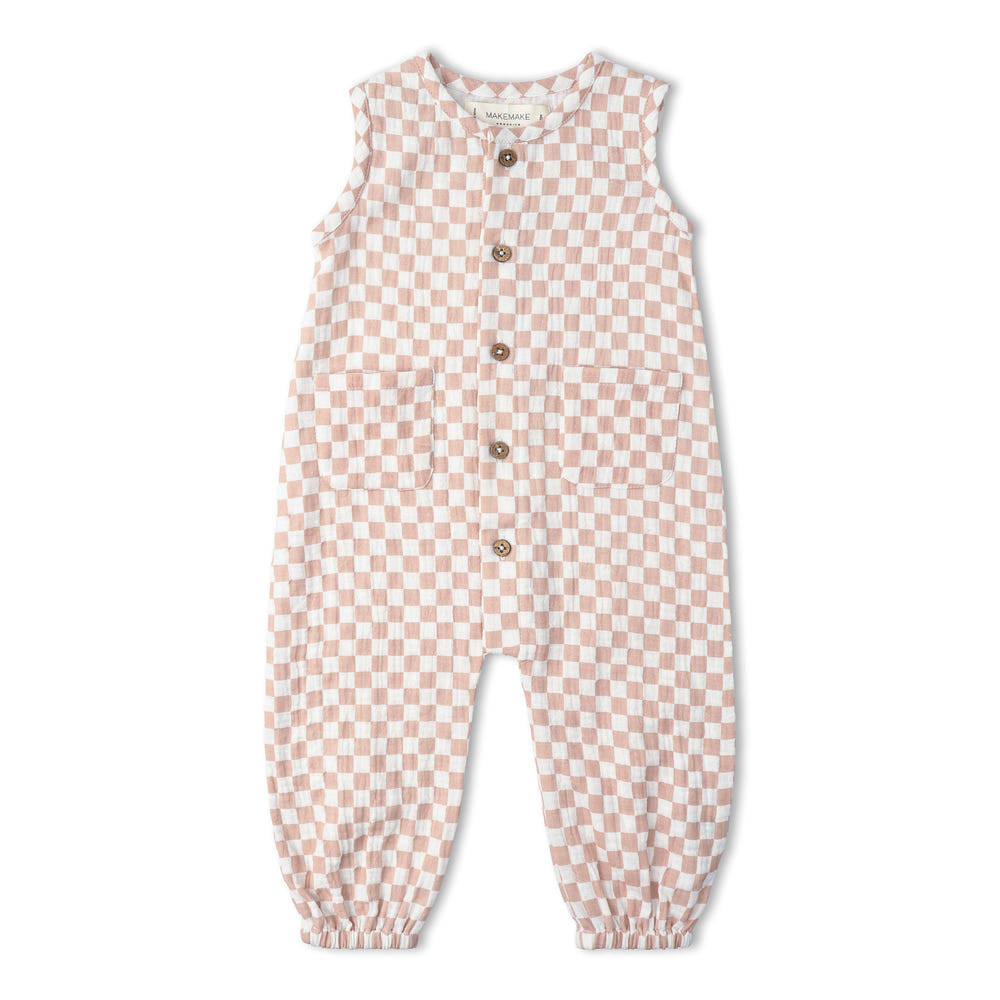 Organic Buttoned Jumpsuit - Brick Checks