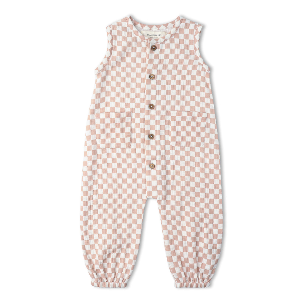 Organic Buttoned Jumpsuit - Brick Checks