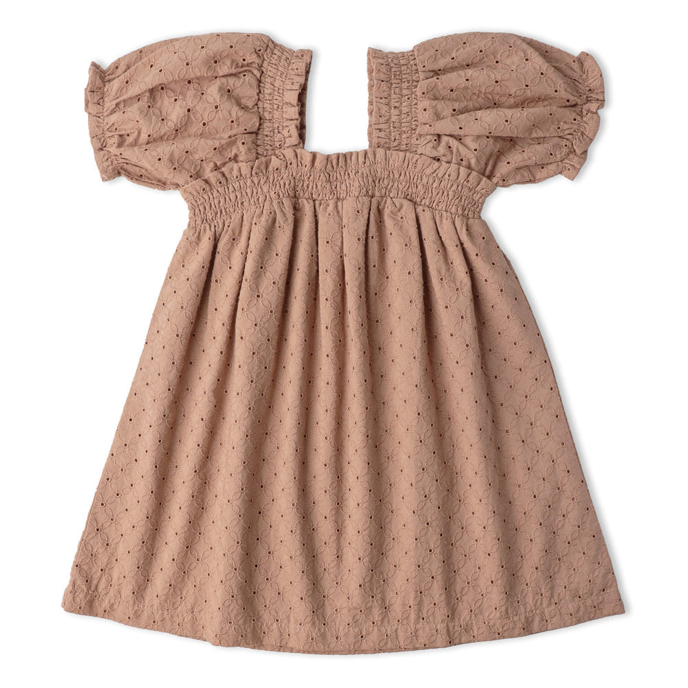 Organic Eyelet Bubble Sleeve Dress - Clay Eyelet